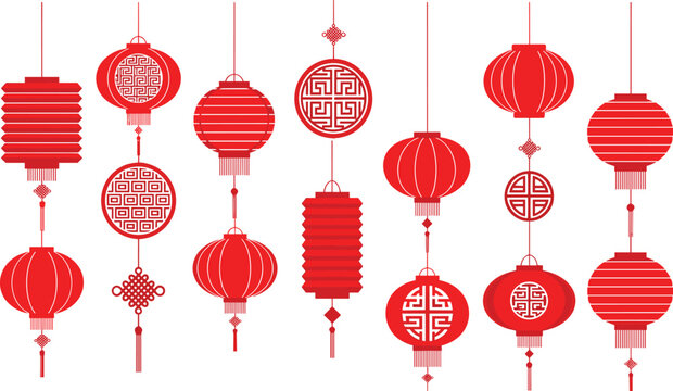 Chinese lanterns vector illustration, traditional festive icon design, Lunar New Year symbol artwork, cultural celebration concept background set