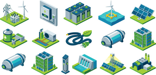 Renewable Energy and Sustainable Green Technology Isometric Vector Icon Set Featuring Solar Panels Wind Turbines EV Charging Hydroelectric Dam and Eco Buildings © MdSirazul