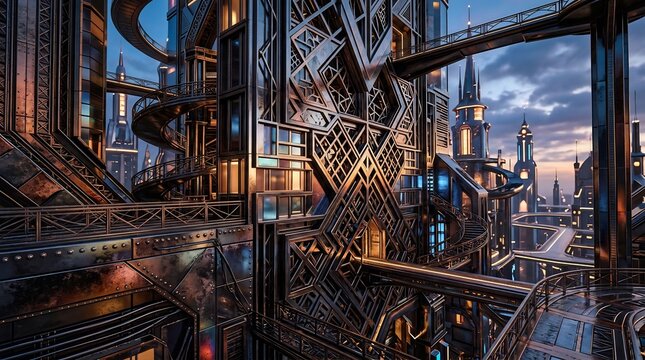 Intricate Futuristic Industrial Architecture Glowing at Dusk in Sci Fi Cityscape