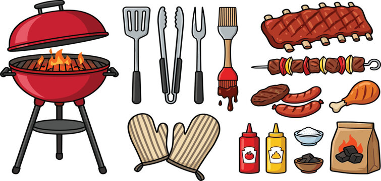 Summer Barbecue and Outdoor Grilling Vector Icon Set Featuring Red Charcoal Grill, Pork Ribs, Meat Skewers, Cooking Utensils, and Essential Backyard BBQ Accessories