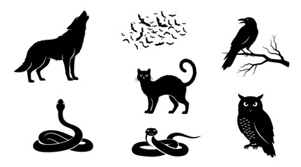 Obraz premium Collection of Black Silhouettes: Howling Wolf, Cat, Snakes, Raven, Owl, and Bats for Halloween or Horror Themes