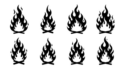 Naklejka premium Collection of Stylized Black Flame Icons and Bonfire Symbols on White Background, Vector Graphics