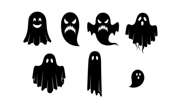 Collection of diverse black ghost silhouettes with varied expressions and forms, ideal for Halloween themes.