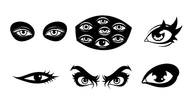 Collection of Stylized Black and White Eyes and Eyeballs for Halloween or Gothic Themes