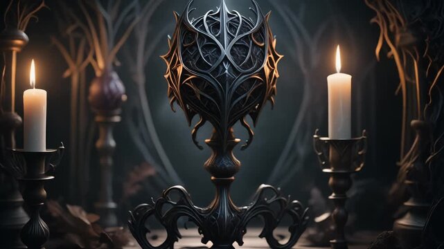 Ornate gothic metal centerpiece glowing with flickering candlelight in a dark mysterious cinematic ritualistic atmosphere