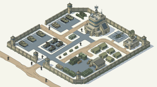 Isometric military base vector illustration with tanks, command center, barracks, radar, and army vehicles