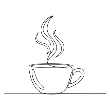 Continuous line art of a steaming coffee cup on white background