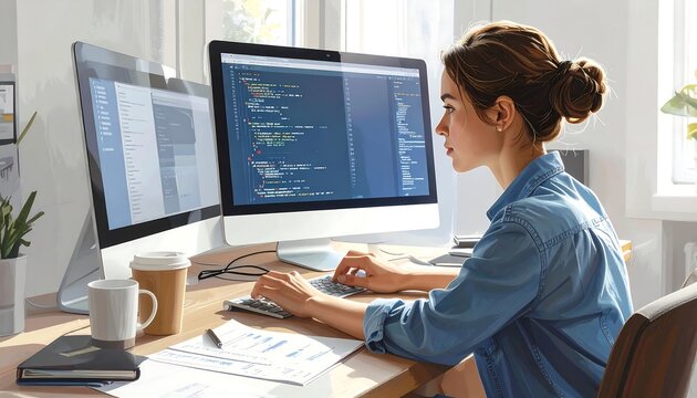 A person, focused, types on a keyboard, flanked by two monitors displaying code. A cup and papers sit nearby in a well-lit space