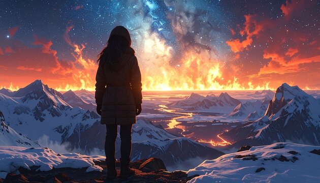 A person gazes at a fiery sunset, snowy mountain range, and a brilliant starry night