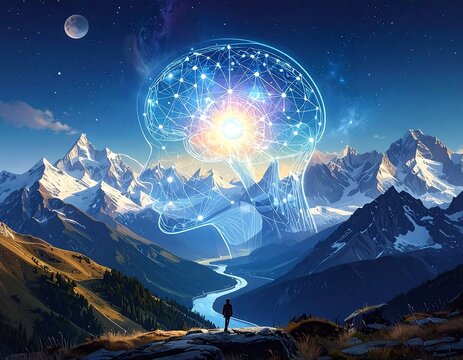A person gazes at a glowing, digital brain superimposed on a mountainous landscape under a starry sky. Majestic peaks surround