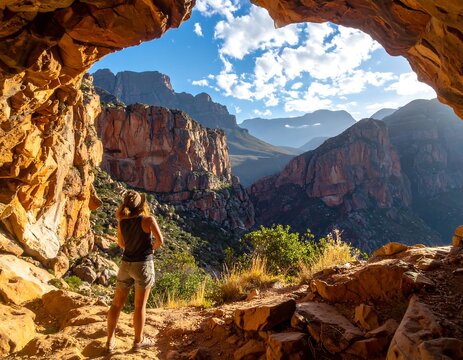 A person gazes out from a cave opening at a grand mountain vista with layered rock formations, under a bright, sunny sky