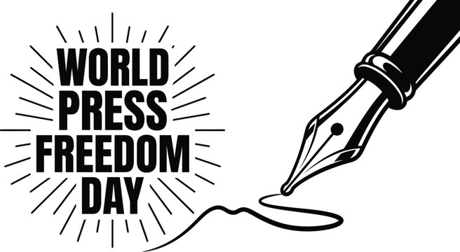 World press freedom day typography vector concept illustration, Fountain pen nib drawing lines with text emblem for journalism holiday.