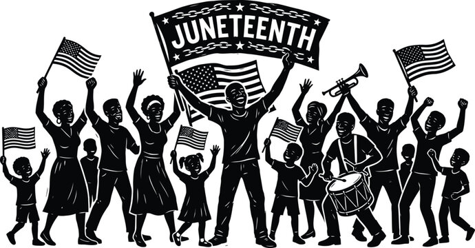 Juneteenth freedom day celebration parade silhouette vector illustration, African American people celebrating independence day with flags and music.