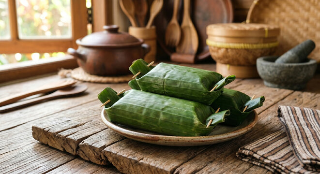 Blank traditional banana leaf food packaging mockup on rustic wooden table, indonesian lemper or nasi bakar