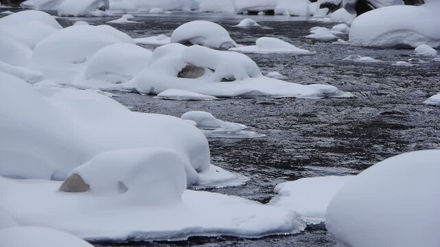 雪をかぶった石と川