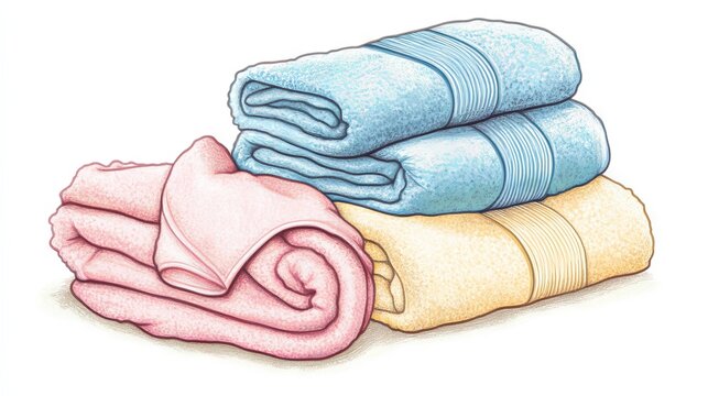 Vector illustration of rolled pastel towels stacked in a neat pile alongside folded bath towels, showing fluffy and absorbent textile surfaces