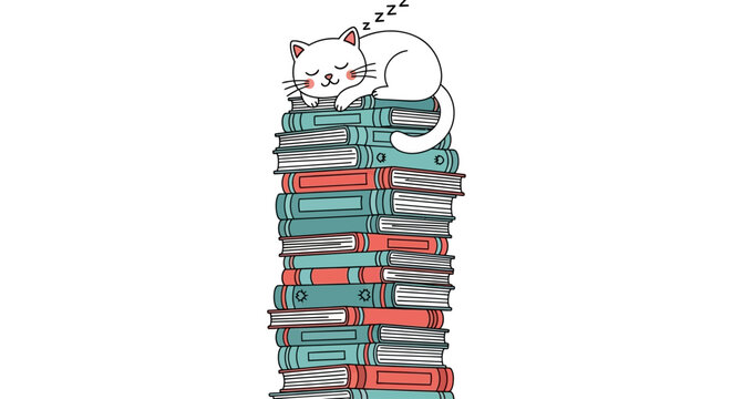 Cute white cat sleeping on stack of colorful books, vector illustration, bookworm, feline friend, library