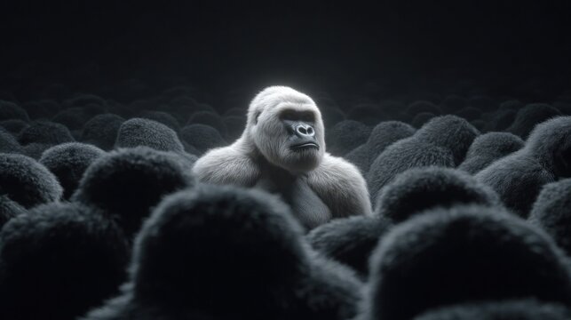 Majestic silverback gorilla surrounded by a crowd in a dramatic setting