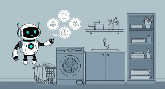 Robot, laundry, washing machine, household chores, smart home, vector illustration
