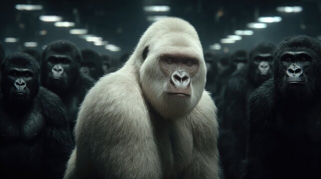 Albino gorilla surrounded by dark gorillas portrait composition