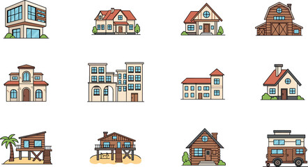 Fototapeta premium Colorful Building Icon Collection With Houses Barn Beach Hut Food Truck And Modern Architecture Vector Illustration Set