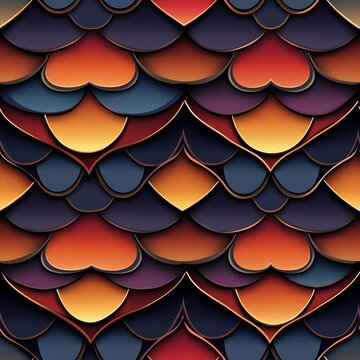 Seamless vector pattern featuring stylized carp scales inspired by traditional Thai weaving and Japanese origami, geometric shapes arranged in intricate repetitive design