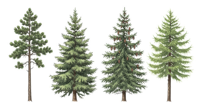 delicate watercolor botanical illustration of five conifers (pine, fir, spruce, cedar, larch) with precise ink outlines on a transparent background and copy space. concept of scientific taxonomy