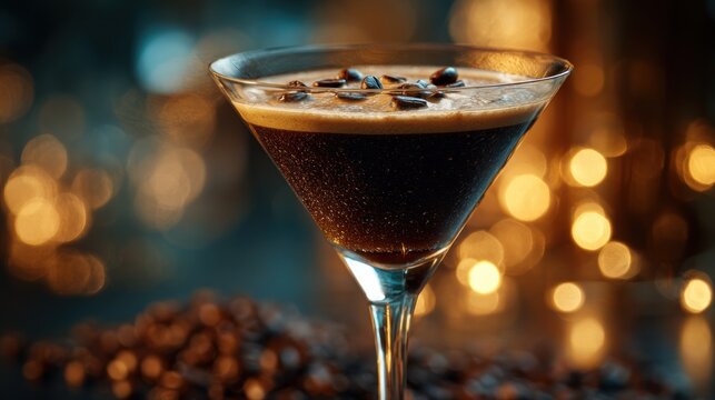 Elegant espresso martini cocktail in a martini glass with coffee beans