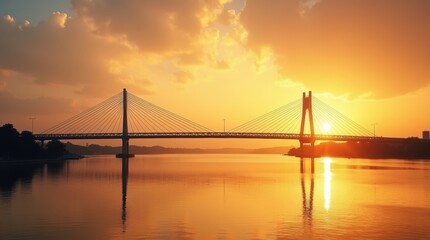 Obraz premium Modern suspension bridge over a calm river at golden sunset with a beautiful orange sky and peaceful water reflection