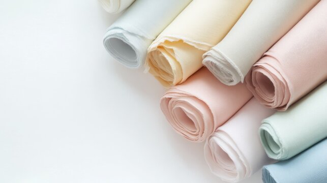 Minimalist image of cotton fabric rolls in gentle pastel tones, arranged in diagonal stack on clean white background, emphasizing textile softness