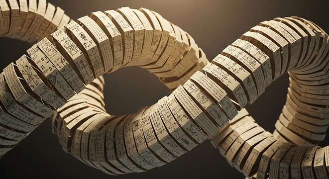 "A surreal twisted chain made of ancient books and stacked pages forming an interlocking infinity loop, dramatic cinematic lighting, beige and cream tones, high detail, 3D render"