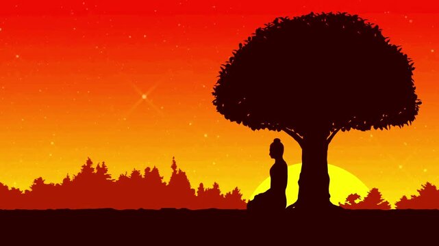 Buddha statue silhouette meditating under a large tree with a giant sun rising in the forest.