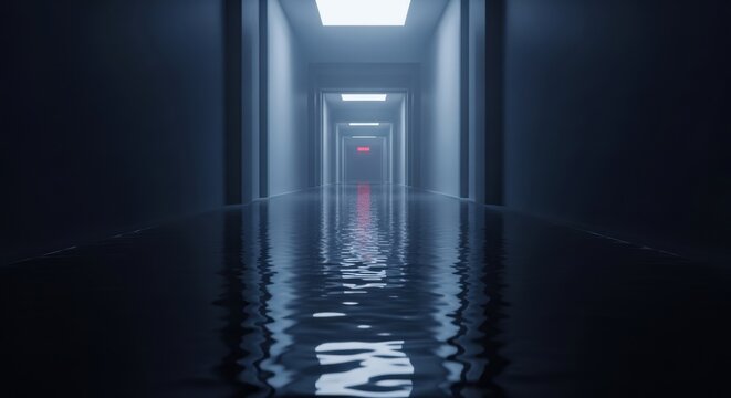 An endless, dark hallway where the floor is a shallow, still body of water reflecting the ceiling, dreamcore aesthetic