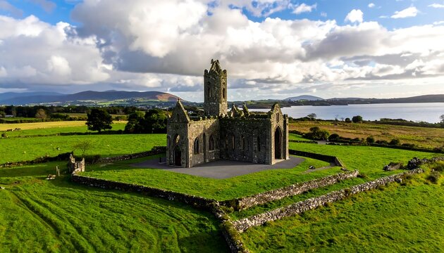 Ancient stone structure in green field