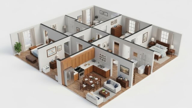 An entire suburban home interior, but the camera angle is from a corner of the ceiling looking down, revealing all rooms connected without walls&mdash;a single, continuous, dollhouse-like space.