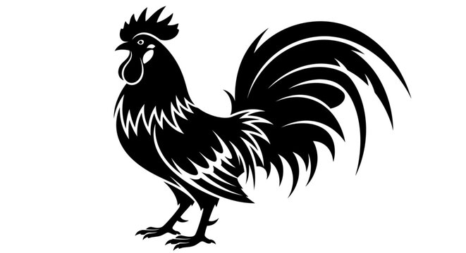 Black rooster silhouette, farm animal icon, white background