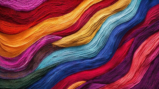 Colorful cotton threads laid in cascading ripples, rich ethnic color palette referencing traditional Guatemalan fashion, with strong textural detail