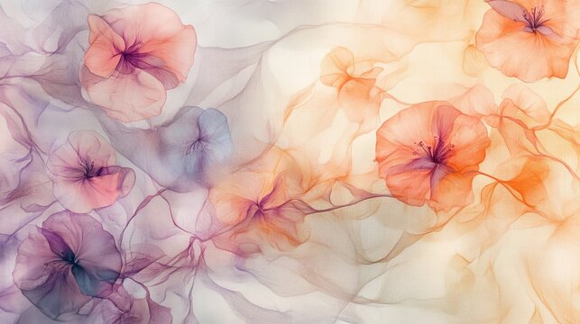Artistic fabric background featuring flowing floral vines with watercolor-like liquified distortions, delicate hand-drawn details in pastel tones