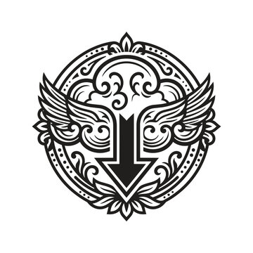 Decorative emblem with winged arrow design.