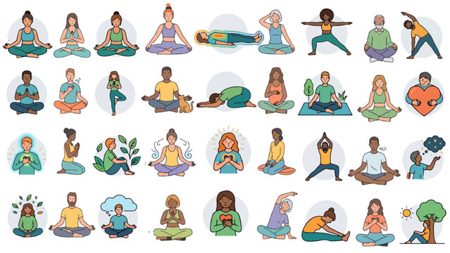 Meditation and Yoga Pose Collection for a Calm Mind, Promoting Diverse Mental Wellness, Healthy Lifestyle, and Body Relaxation.