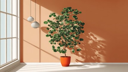 Fototapeta premium Interior room scene displays a potted foliage plant illuminated by bright sunlight casting sharp shadows.