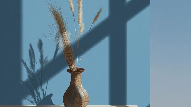 Earth toned ceramic container holds dried ornamental grasses against a bright blue wall with strong geometric shadow patterns.