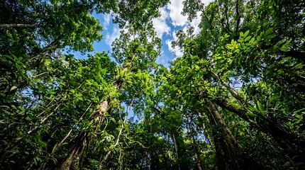 Fototapeta premium Low Angle View of Lush Green Forest Canopy and Blue Sky