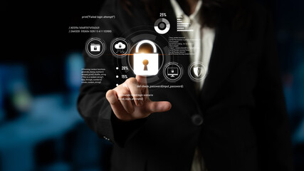 Obraz premium Cyber security protects against breaches, hacks, and network attacks using strong infrastructure and proactive digital defense strategies. Latch