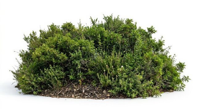 Green garden shrub isolated on white background, lush evergreen bush for landscape design, decorative garden plant with dense foliage and mulch