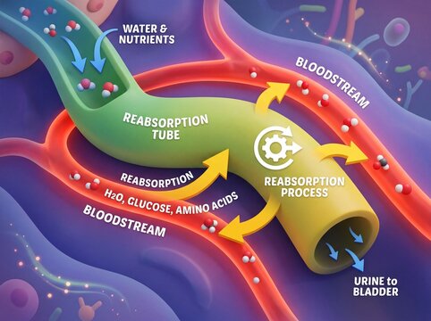 Vivid illustration detailing the renal reabsorption process, showing vital water and nutrient recovery from kidney tubules into the bloodstream for bodily function