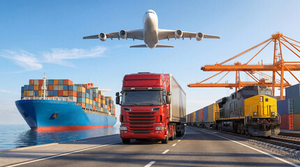 Naklejka premium Global logistics and transportation network with cargo ship, truck, train, and airplane. Efficient worldwide shipping and supply chain