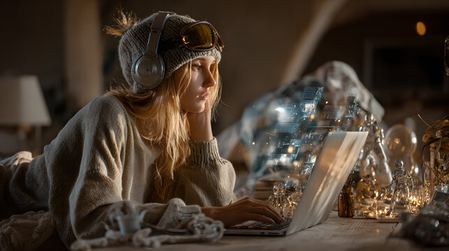 Young female programmer working on laptop with floating holographic data screens at cozy home