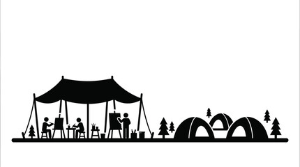 Naklejka premium Artists painting in nature with tents and trees nearby
