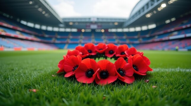 A large wreath of bright red poppy flowers placed on the grass in the center of a professional sports stadium for a memorial ceremony